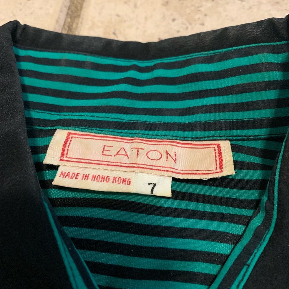 Vintage EATON 100% Silk Teal Black Striped Midi Dress Belted Button-Front Size 7 - Picture 3 of 7